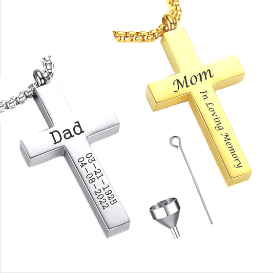 Christmas gift-Personalized CREMATION CROSS URN Necklace Ashes Jewelry Urns Waterproof Pendant Stainless Steel Memorial Ashes Keepsake-S&G