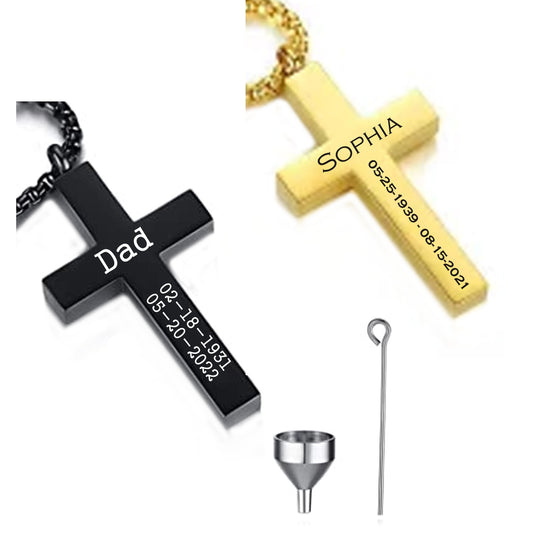 Christmas gift-Personalized CREMATION CROSS URN Necklace Ashes Jewelry Urns Waterproof Pendant Stainless Steel Memorial Ashes Keepsake-B&G