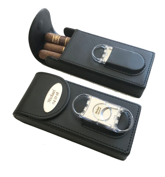 Personalized Black Cigar Case & Cigar Cutter  Custom engraved Cigar Case /Cutter-Anniversary Gift for Dad, Men, Him, Husband, Boyfriend