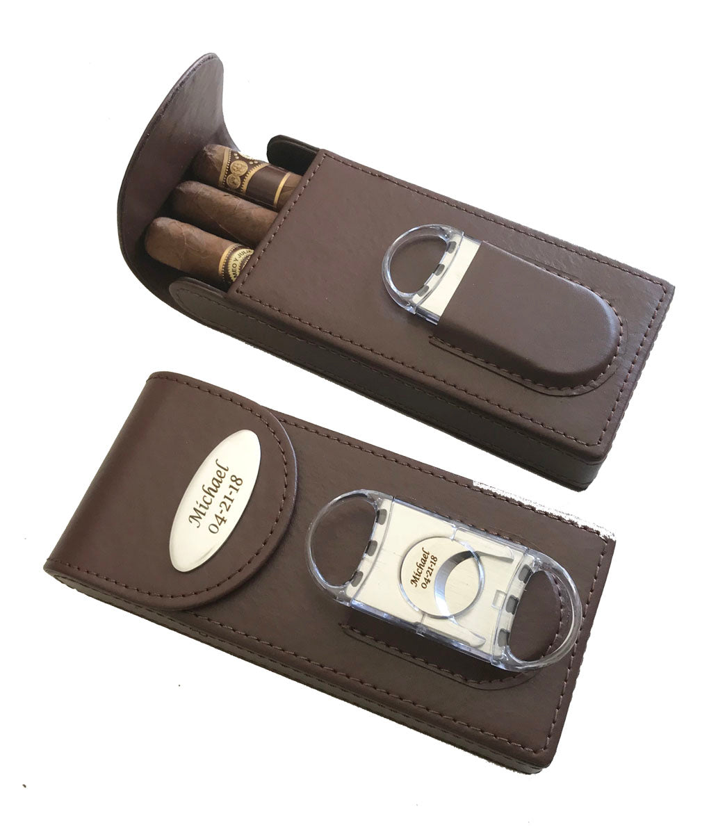 Personalized Brown Cigar Case & Cigar Cutter  Custom engraved Cigar Case /Cutter-Anniversary Gift for Dad, Men, Him, Husband, Boyfriend