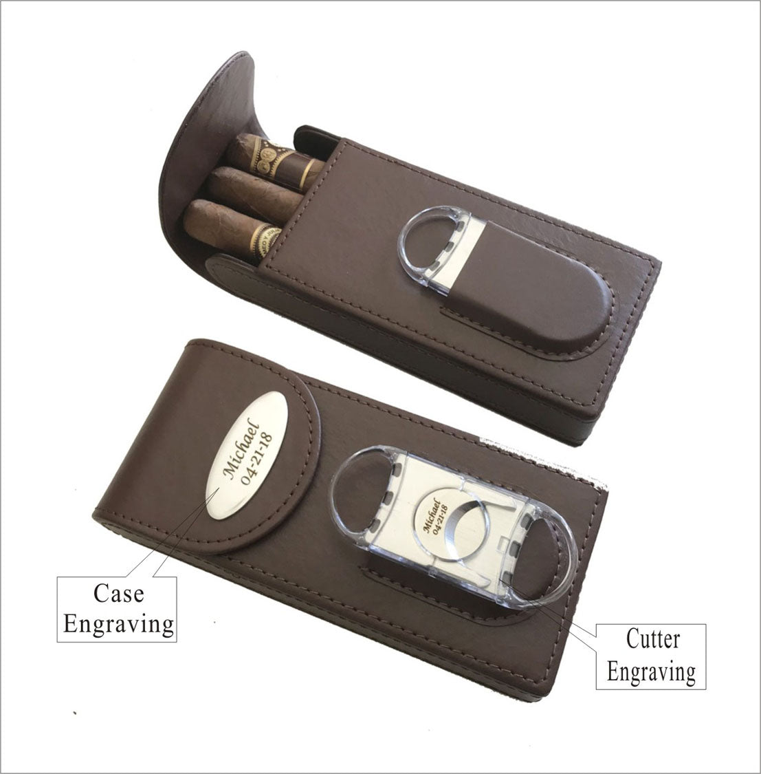 Personalized Brown Cigar Case & Cigar Cutter  Custom engraved Cigar Case /Cutter-Anniversary Gift for Dad, Men, Him, Husband, Boyfriend