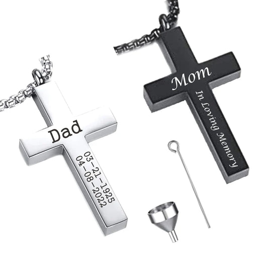 Christmas gift-Personalized CREMATION CROSS URN Necklace Ashes Jewelry Urns Waterproof Pendant Stainless Steel Memorial Ashes Keepsake-B&G